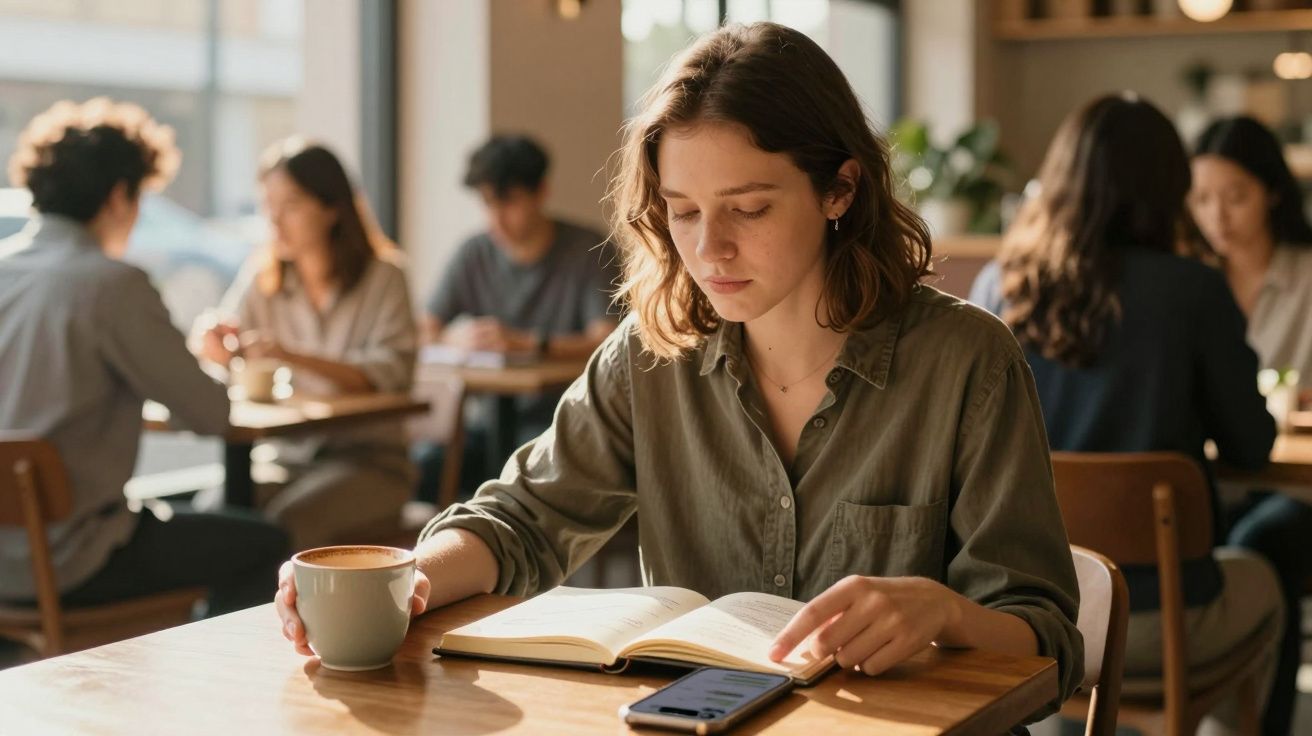 Mulher jovem lendo livro e segurando xícara de café em cafeteria movimentada durante o dia.