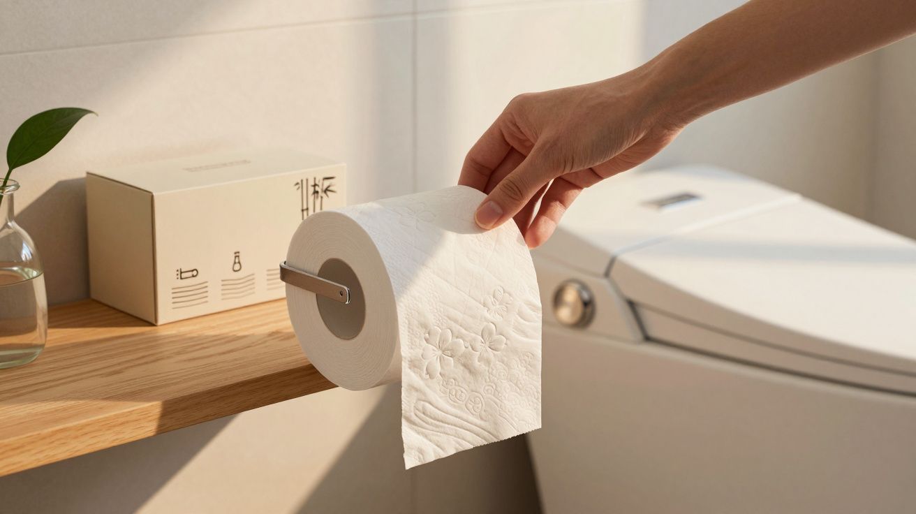 Mão puxando papel higiênico branco com estampa floral em suporte ao lado de privada moderna.