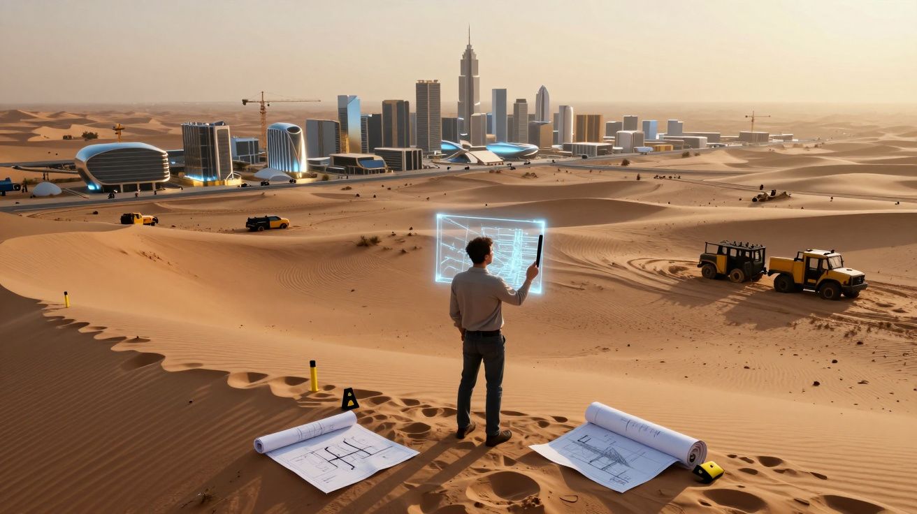 Homem analisa planta digital em deserto com cidade futurista e veículos ao fundo.