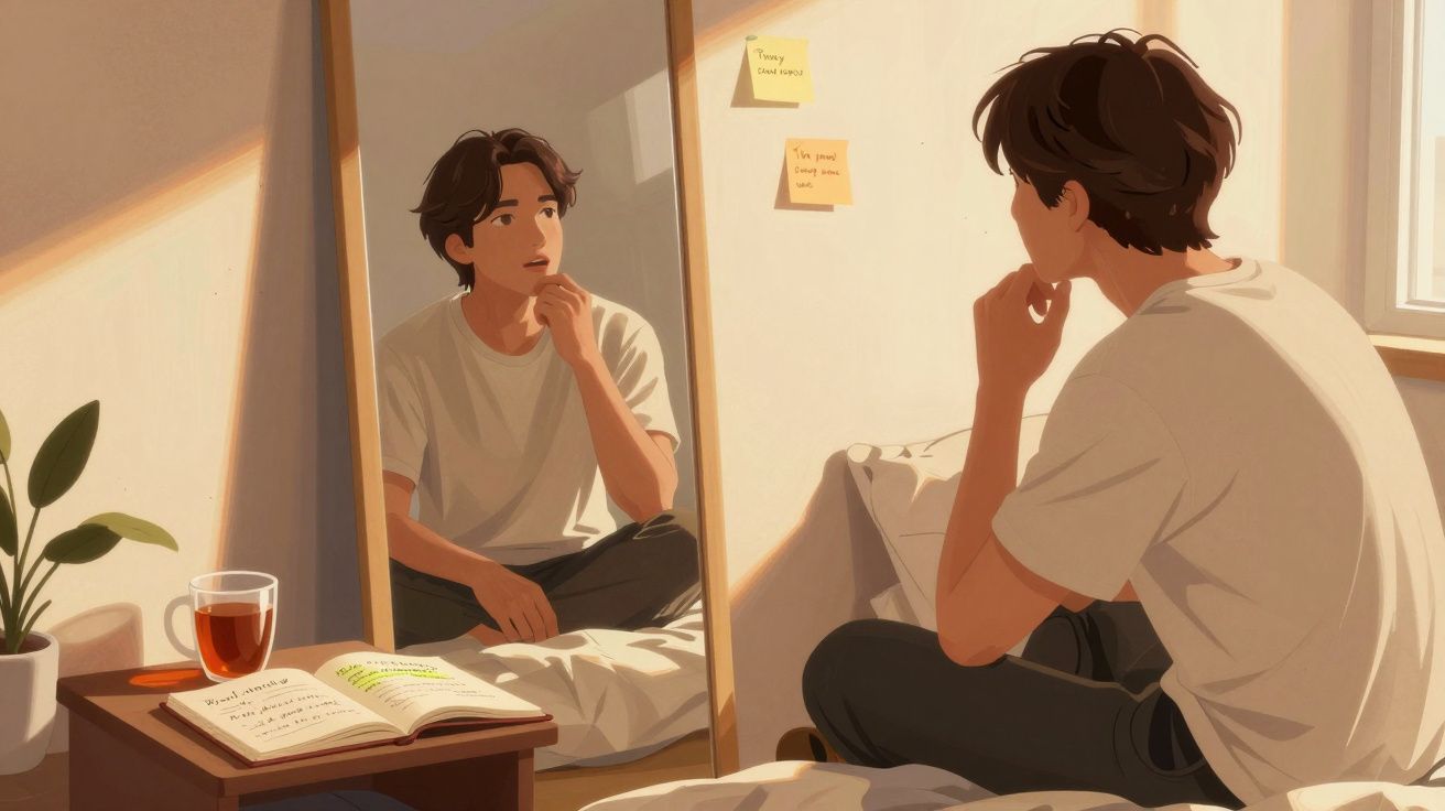 Jovem sentado no quarto, olhando o próprio reflexo no espelho, com caderno aberto e chá na mesa ao lado.