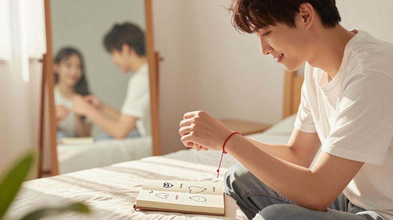 Jovem sorridente sentado na cama, olhando para um livro aberto com desenhos de corações, com espelho ao fundo.