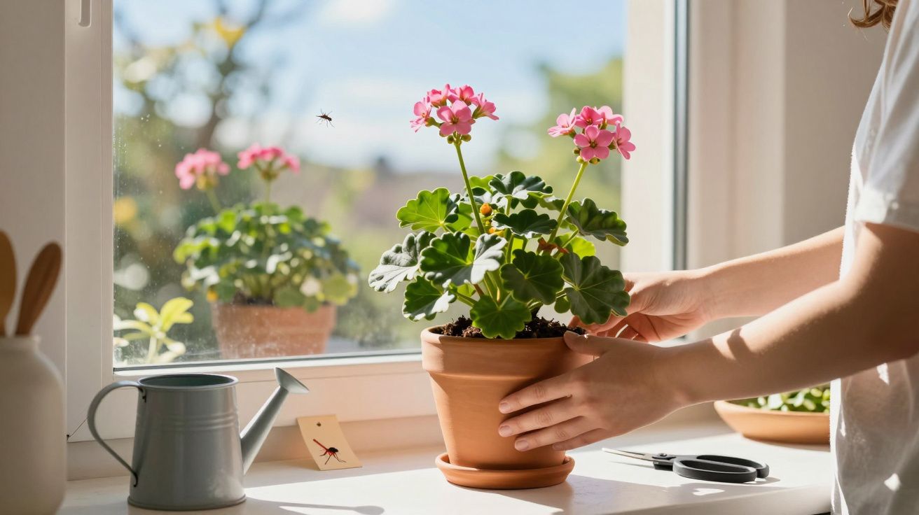 Pessoa cuidando de vaso com planta de flores rosas sobre bancada próxima à janela ensolarada.