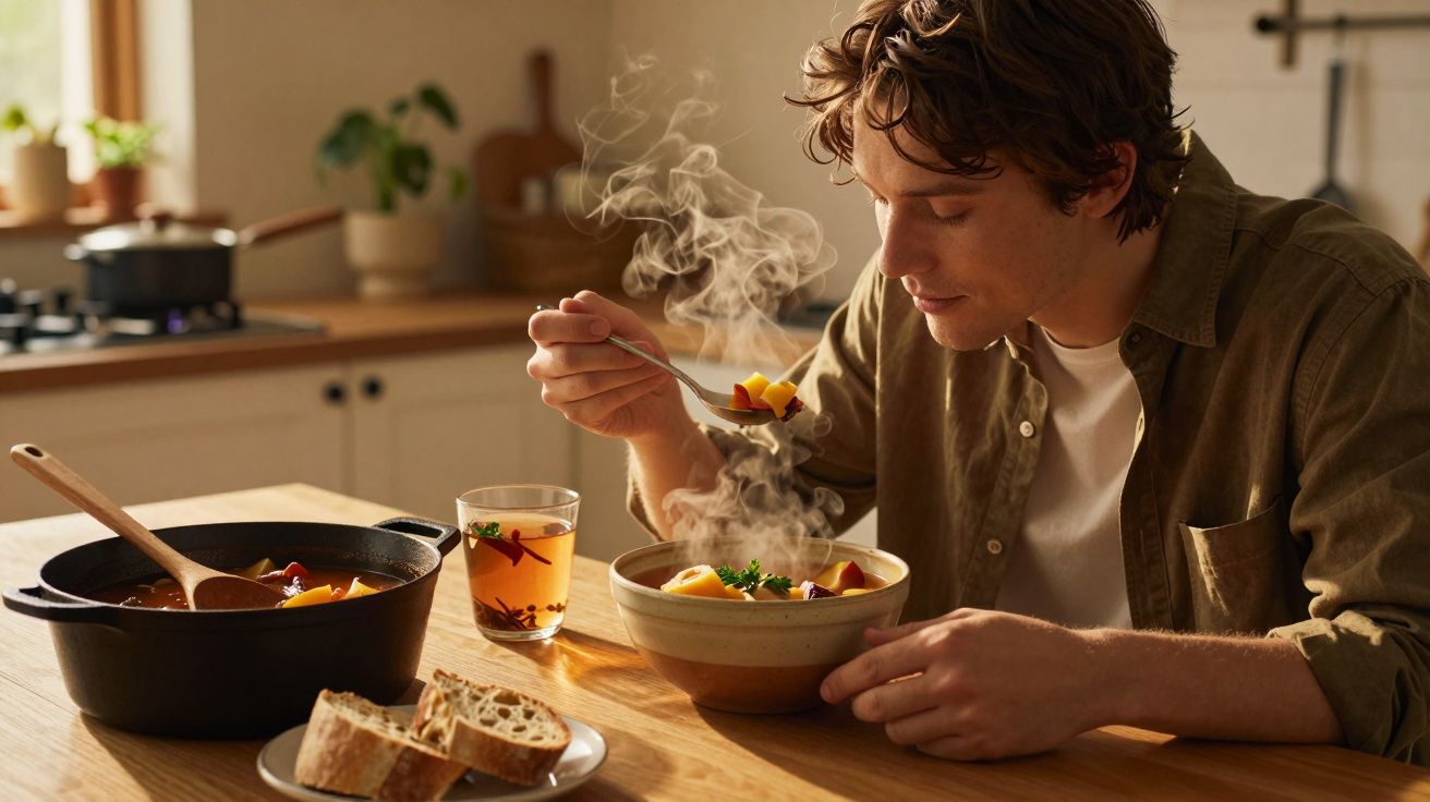 Homem sentado à mesa comendo sopa quente com pão e chá em ambiente de cozinha acolhedora.