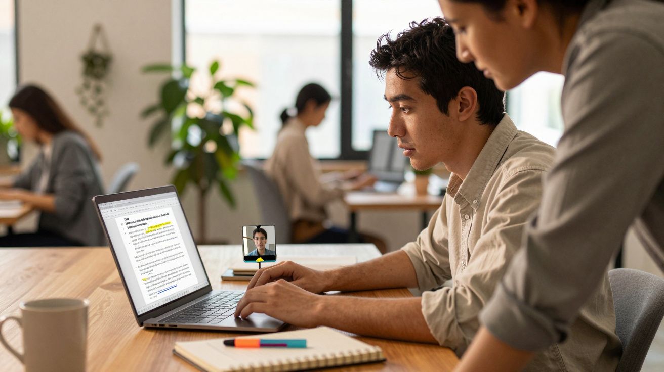 Jovem em videoconferência no laptop enquanto colega conversa em escritório moderno e iluminado.
