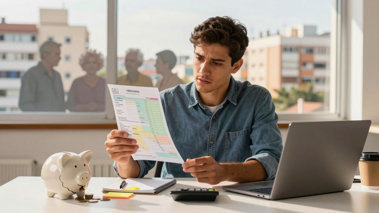 Homem jovem sentado à mesa analisando documento financeiro com cofrinho, calculadora e laptop.