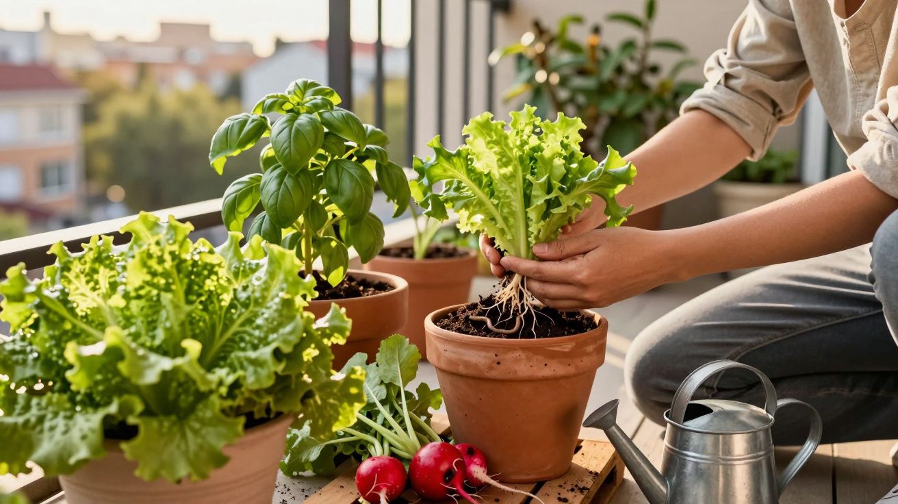 Pessoa transplantando alface em vaso de barro em varanda com vasos de temperos e regador ao lado.