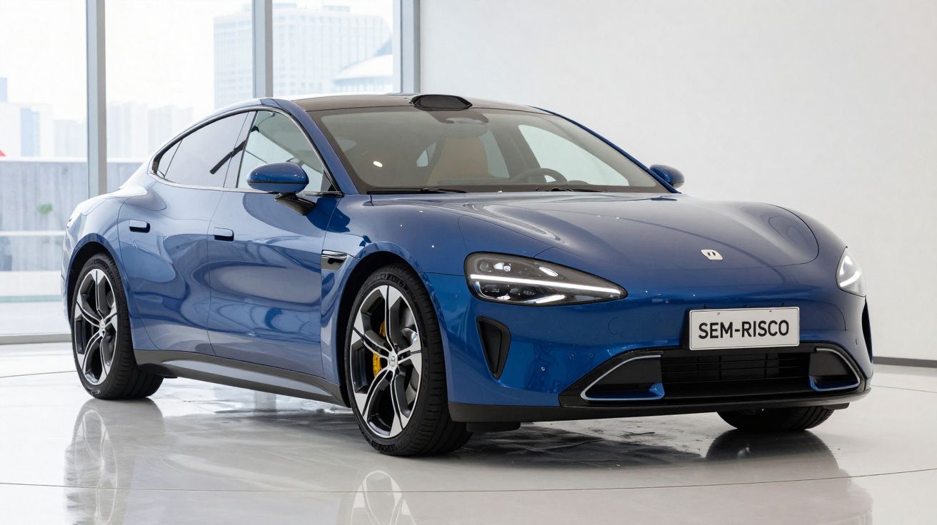 Carro elétrico esportivo azul estacionado em ambiente interno com placa personalizada "SEM-RISCO".