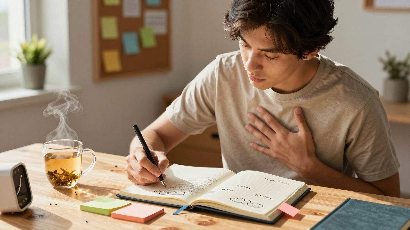 Jovem escrevendo em diário enquanto segura o peito, com chá quente e agenda sobre mesa de madeira.