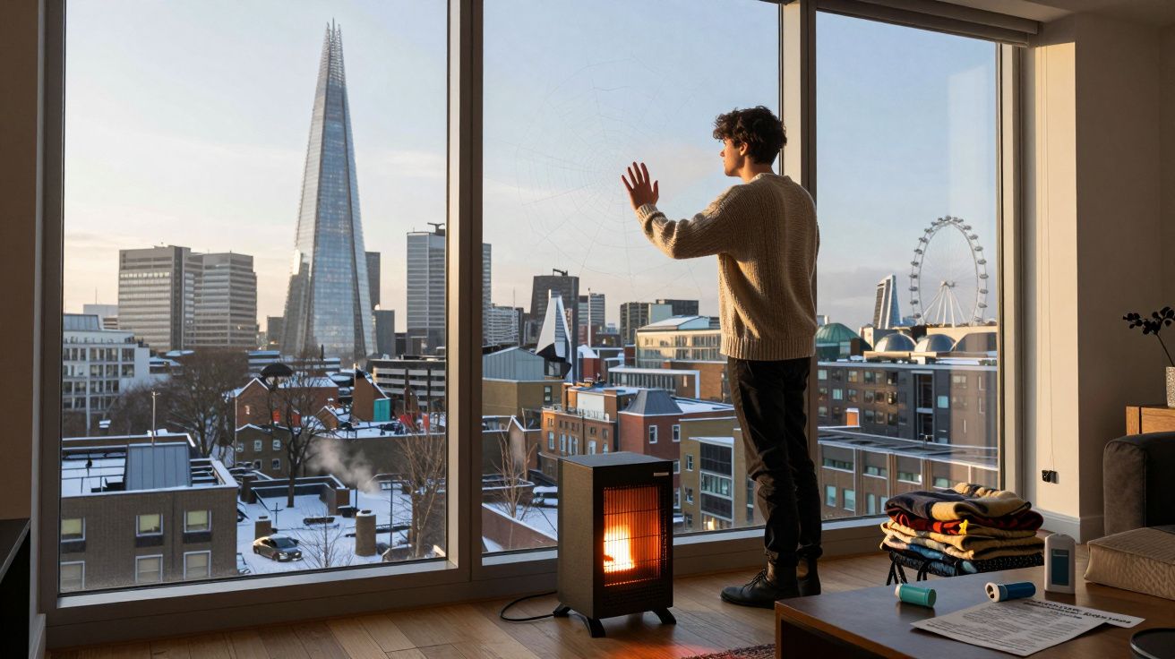 Homem de suéter olhando pela janela grande para cidade nevada com aquecedor ligado no chão da sala.