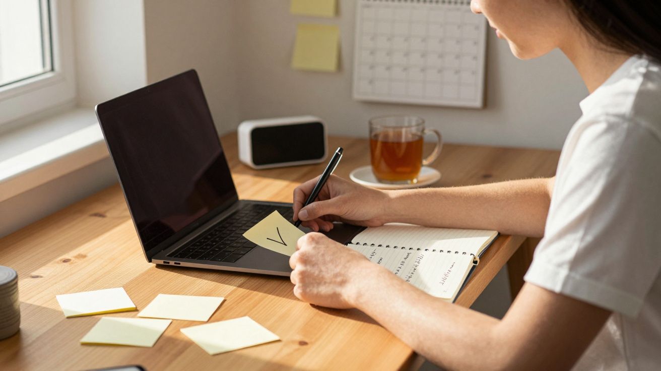 Pessoa escrevendo em caderno ao lado de notebook com post-its em mesa de madeira iluminada pela luz do dia.