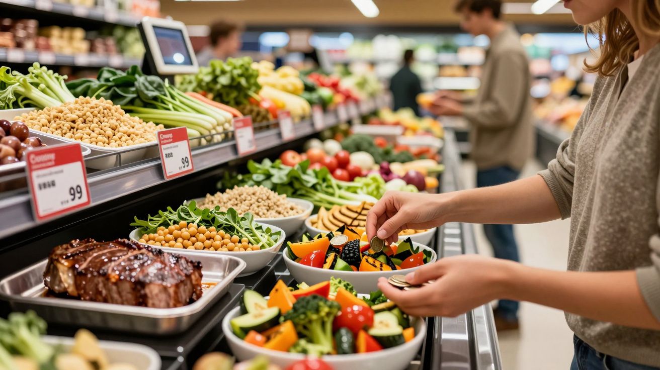 Pessoa preparando salada com legumes frescos em mercado com variedade de vegetais e grãos expostos.