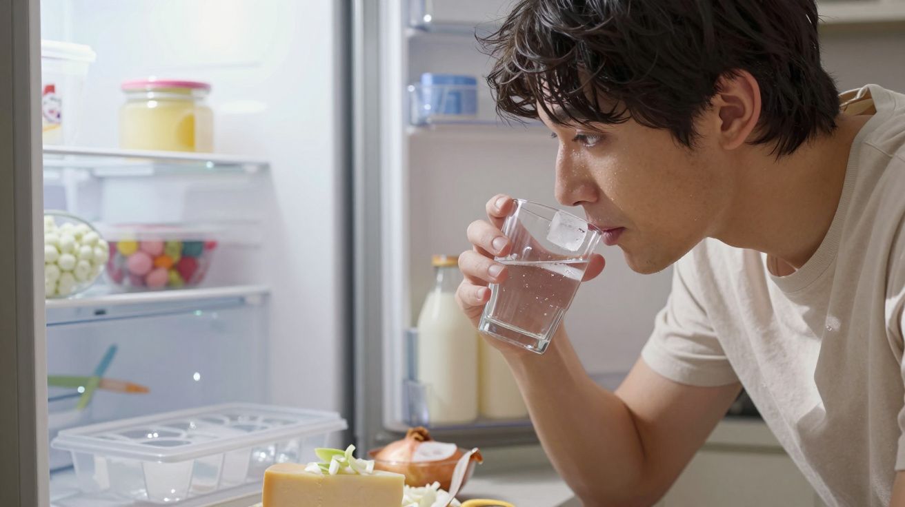 Homem jovem bebendo água em copo à frente de geladeira aberta com alimentos dentro.