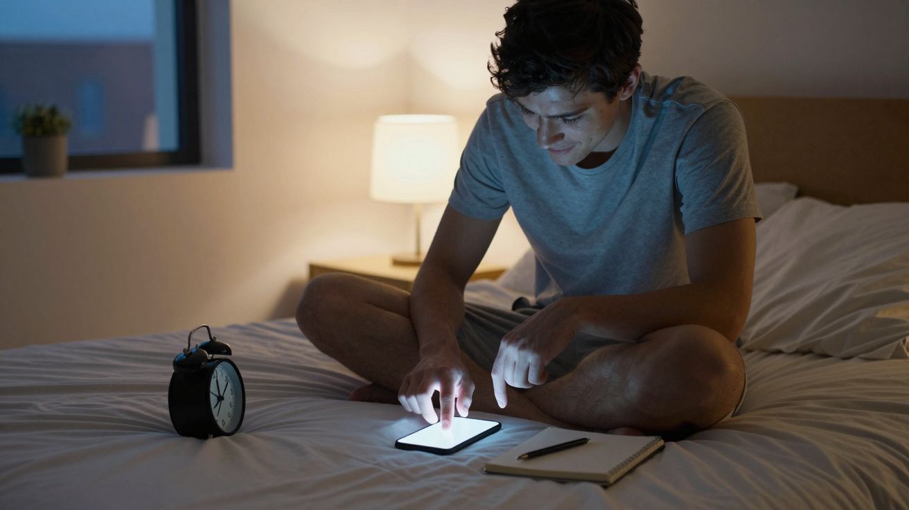 Jovem sentado na cama à noite usando smartphone, com despertador e caderno ao lado.