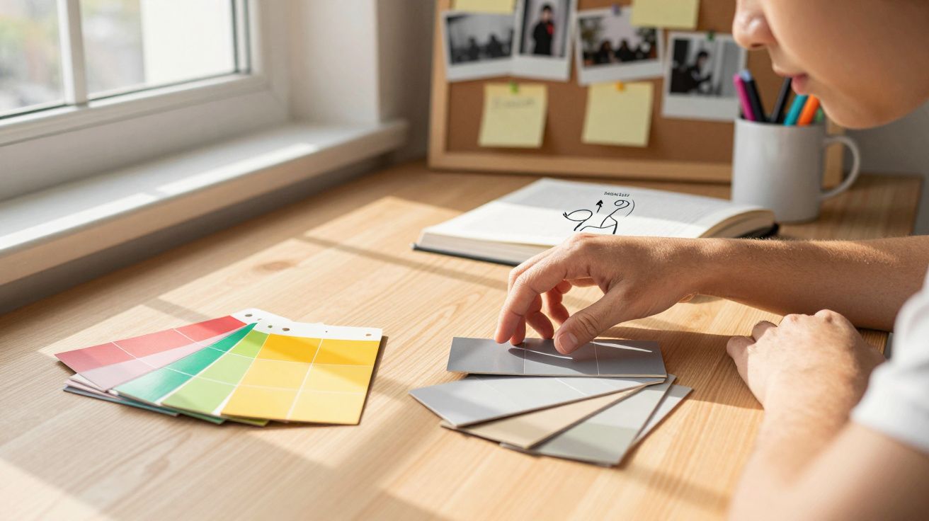 Pessoa escolhendo amostras de cores cinza na mesa com amostras coloridas próximas e caderno ao fundo.