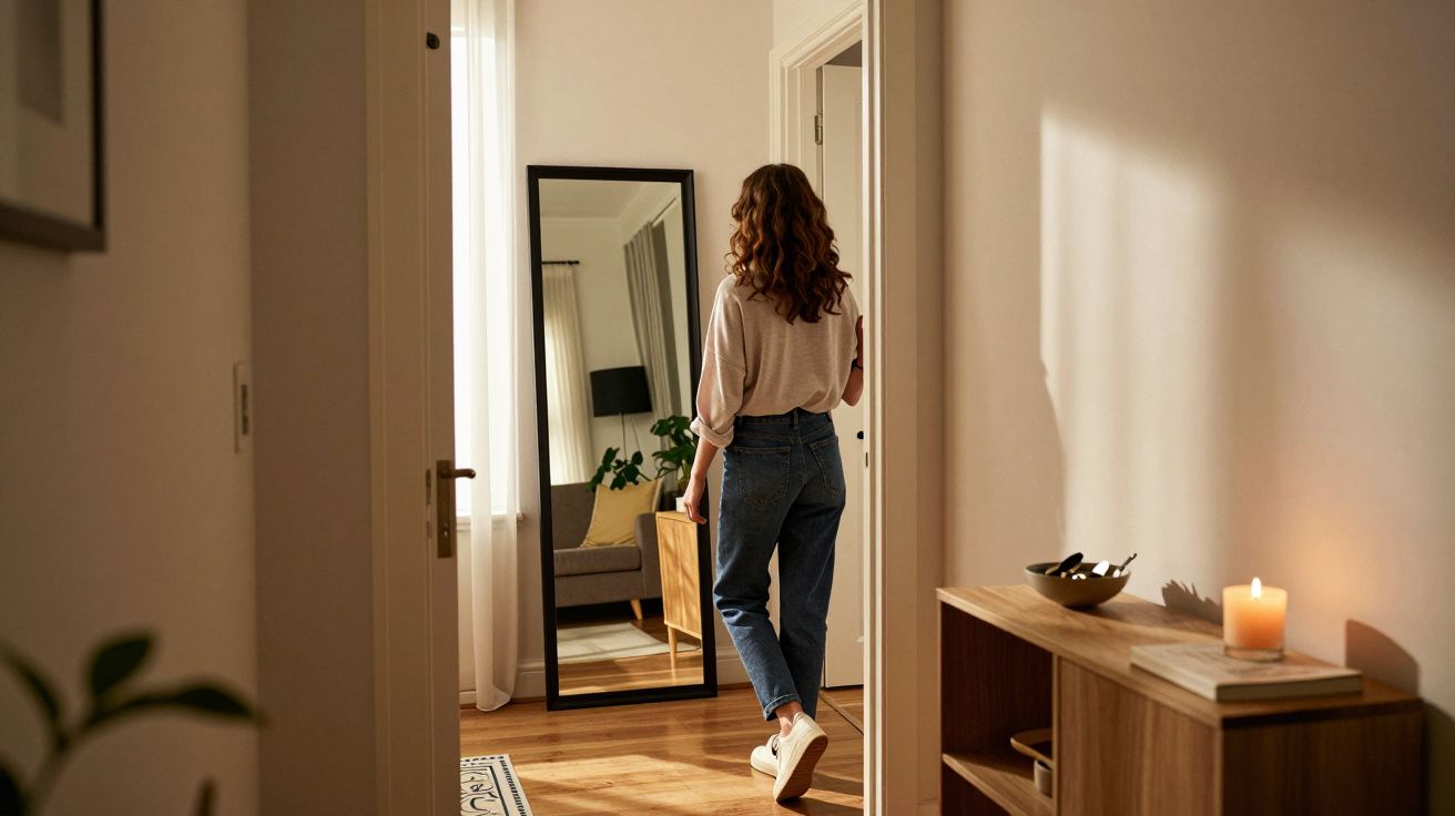 Mulher de blusa clara e jeans olhando seu reflexo em espelho de corpo inteiro em sala iluminada.