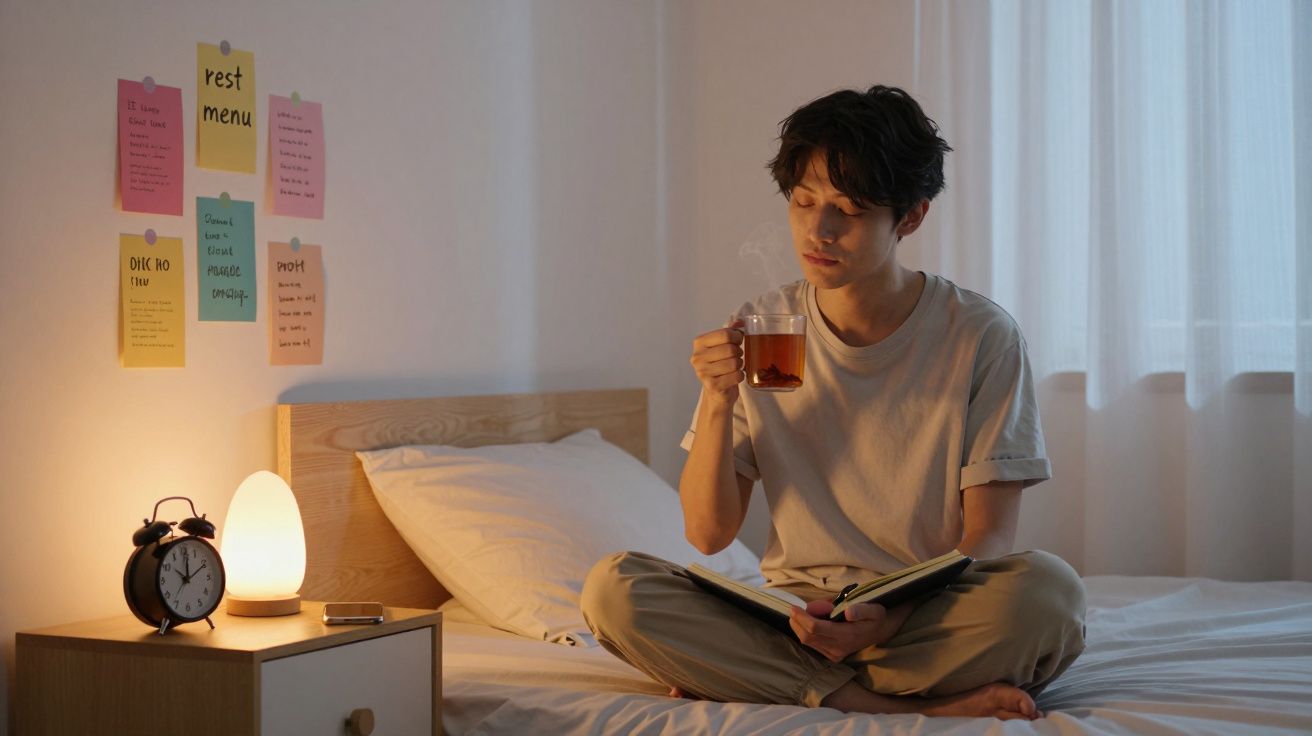 Jovem sentado na cama lendo um livro e tomando chá quente ao lado de abajur e relógio no criado-mudo.