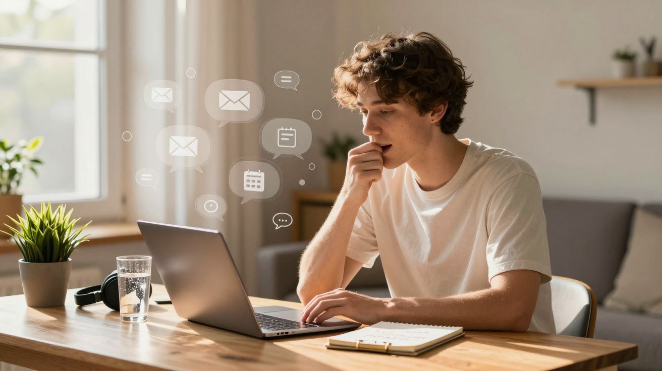 Jovem pensativo usando laptop em mesa com caderno, copo d'água, fones e ícones de mensagens flutuantes.