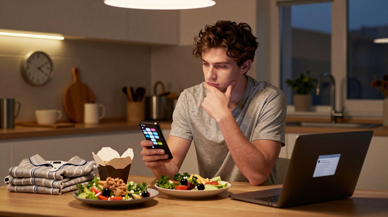 Jovem sentado à mesa da cozinha, olhando o celular, com dois pratos de salada e um notebook aberto à frente.