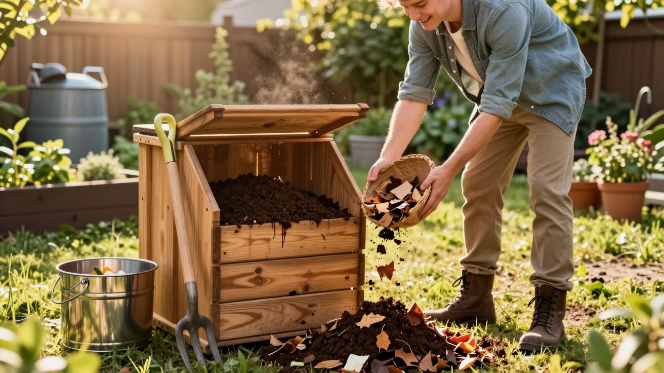 Pessoa despejando cascas de ovo em caixa de compostagem de madeira em jardim ensolarado.