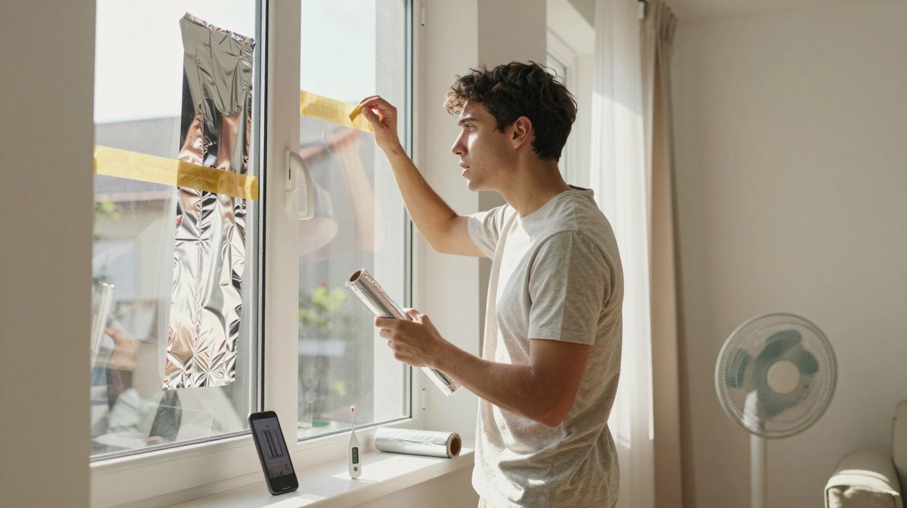 Jovem aplicando filme solar em janela de casa em ambiente iluminado e ventilador ao fundo.