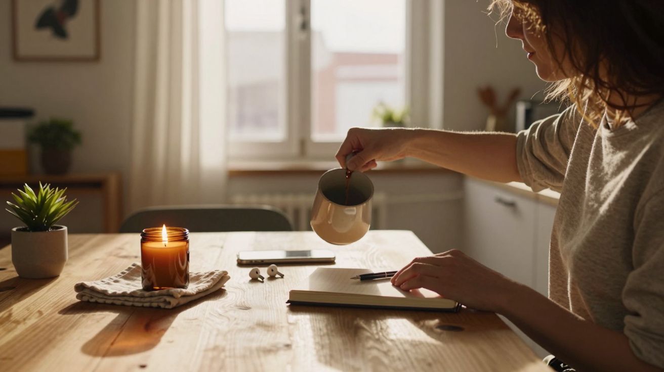 Pessoa derramando café em diário aberto sobre mesa de madeira com vela acesa e planta ao lado.