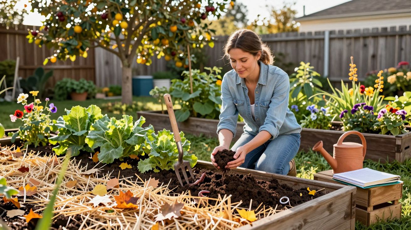 Mulher cuidando de horta em canteiro elevado com plantas, flores e ferramentas de jardinagem ao redor.