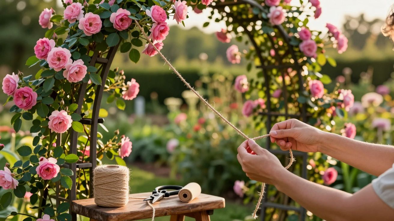Pessoa amarrando corda em estrutura com rosas cor-de-rosa em jardim ao entardecer.