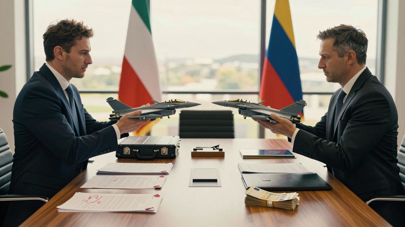 Dois homens em terno sentados em uma sala de reunião segurando modelos de aviões de guerra.
