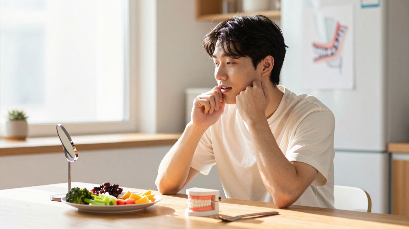 Homem sentado à mesa olhando para um espelho pequeno com prato de legumes e modelo de dentadura à frente.