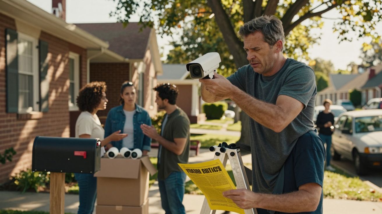 Homem instala câmera de segurança na rua enquanto três pessoas conversam ao fundo em bairro residencial.