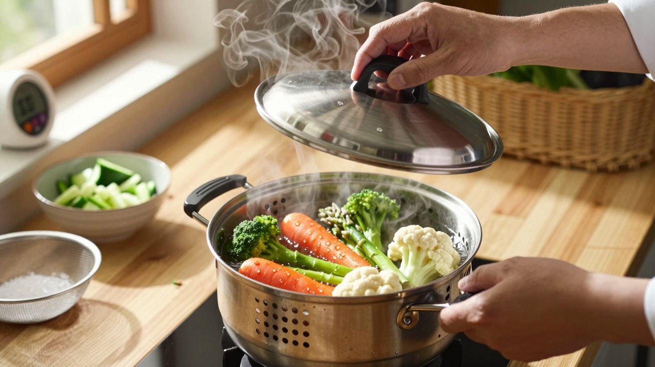 Pessoa retirando tampa de panela com legumes cozinhando a vapor em bancada de cozinha iluminada