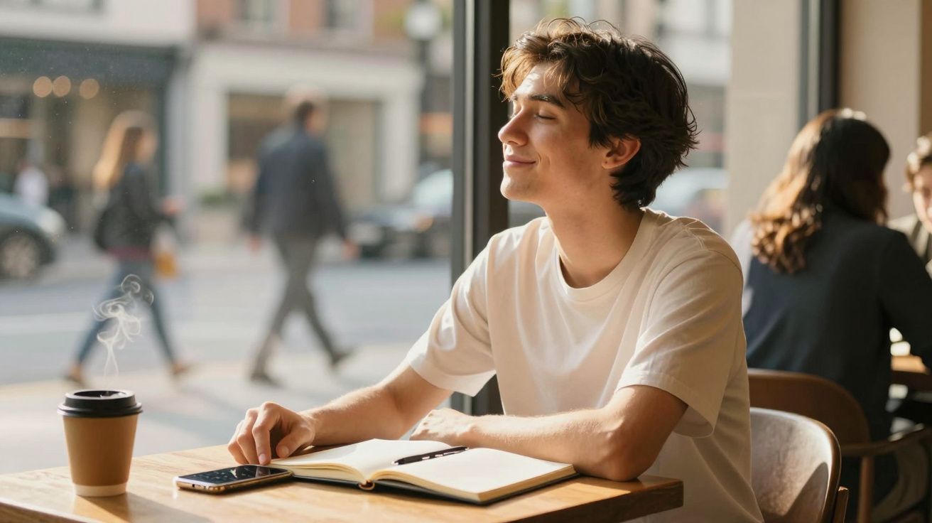 Jovem sentado em cafeteria olhando pela janela com sorriso, ao lado de café, celular e caderno aberto.