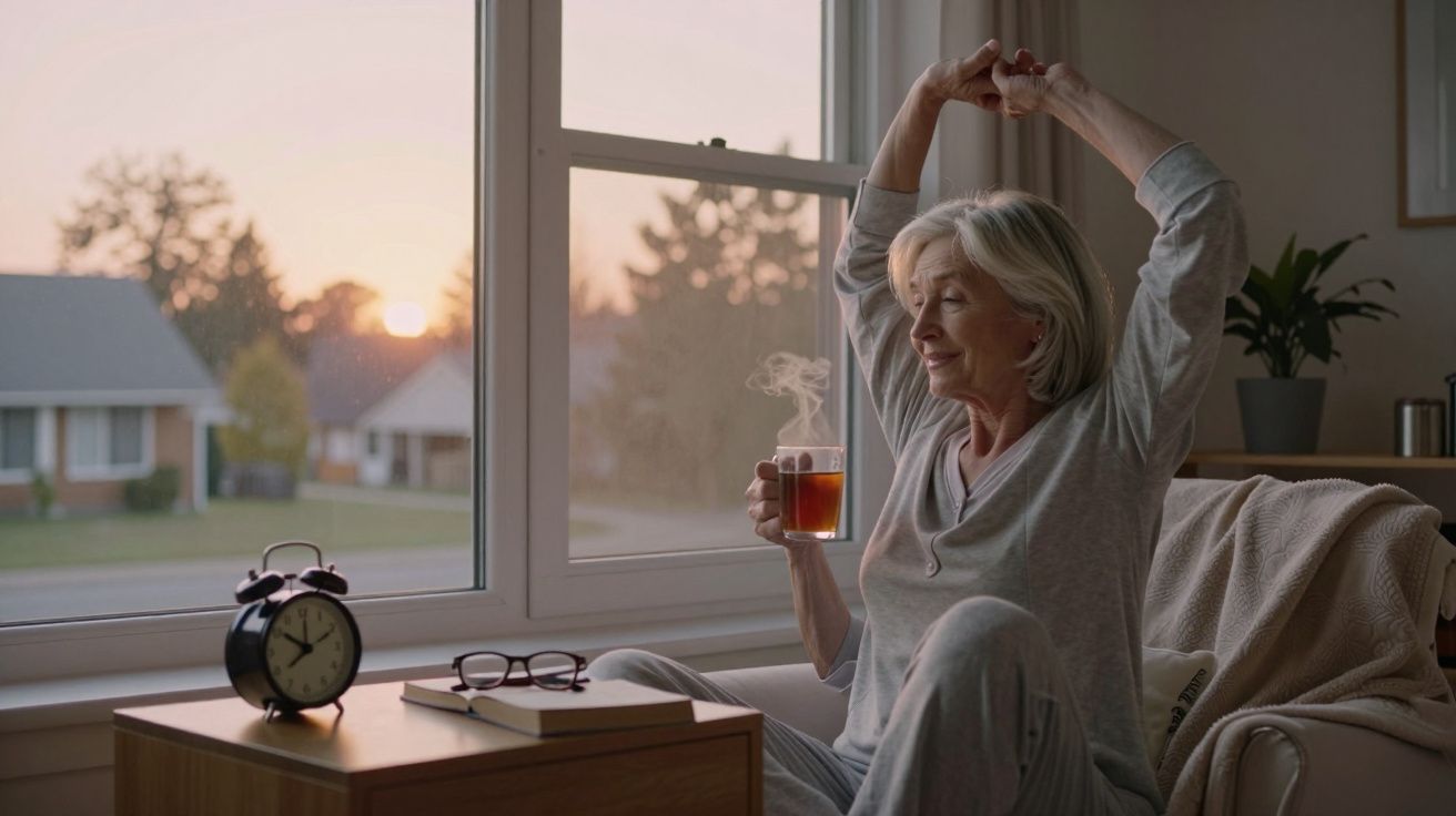Mulher madura sentada perto da janela, segurando chá quente e alongando os braços ao amanhecer.
