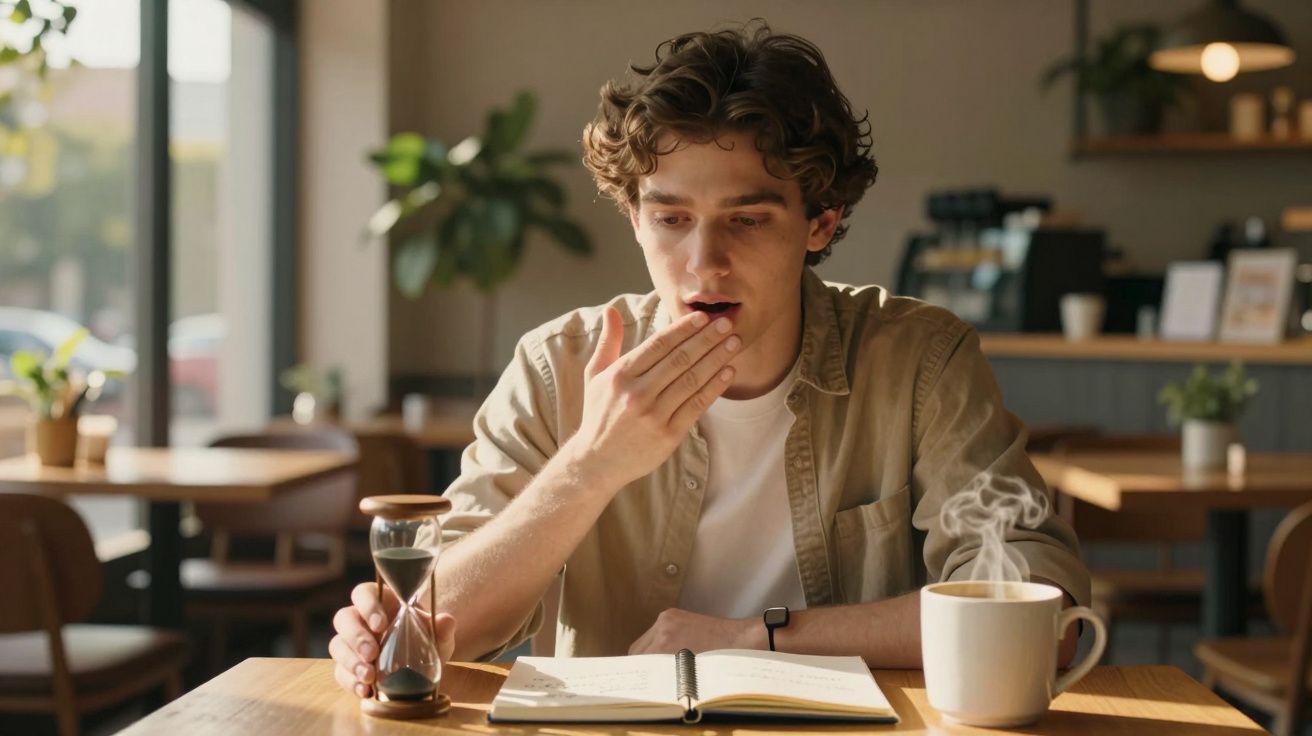 Jovem surpreso olhando ampulheta em café, com caderno aberto e xícara de café fumegante à sua frente.