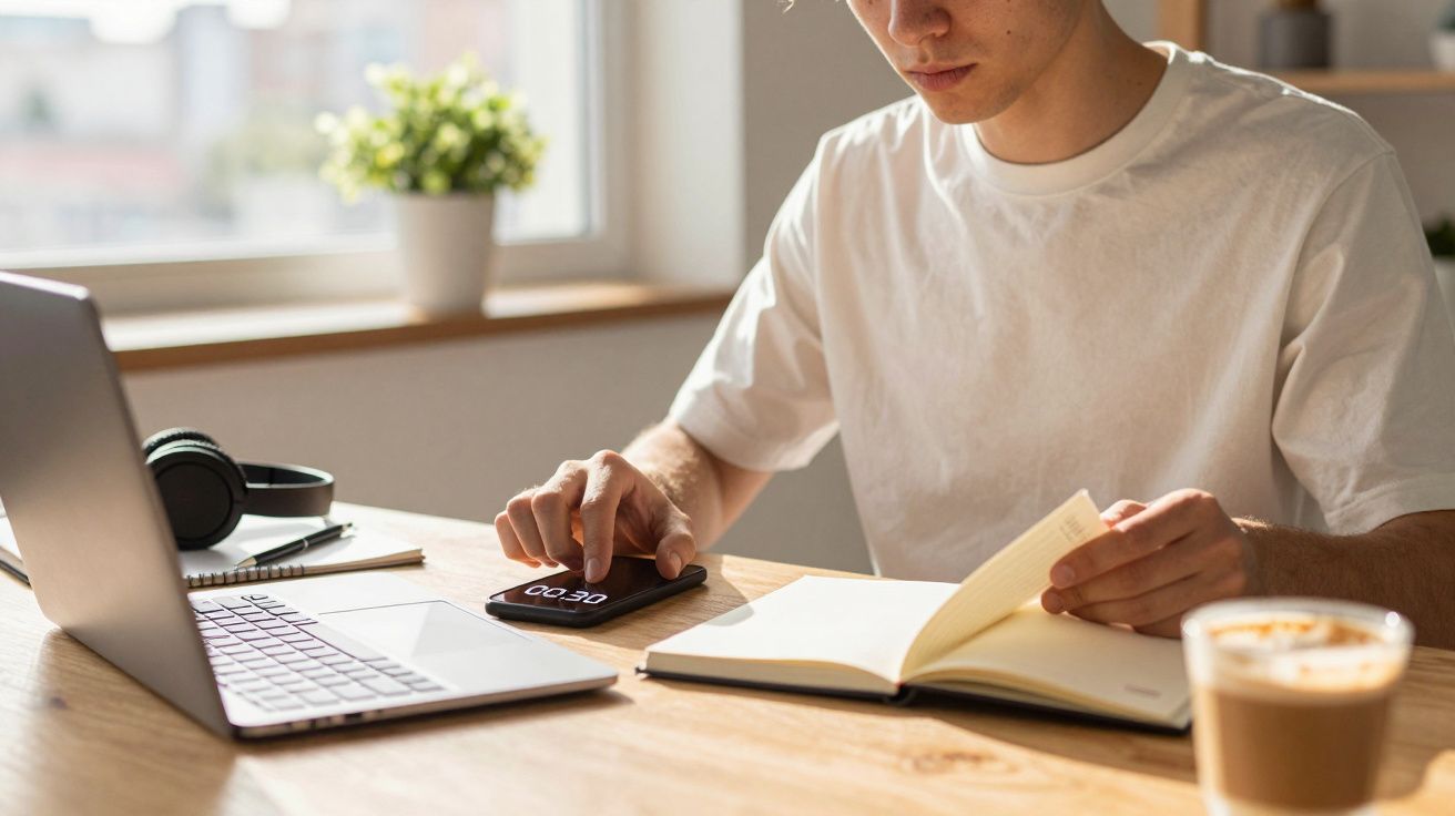 Jovem usando smartphone para cronômetro enquanto estuda com livro aberto ao lado do laptop e café.