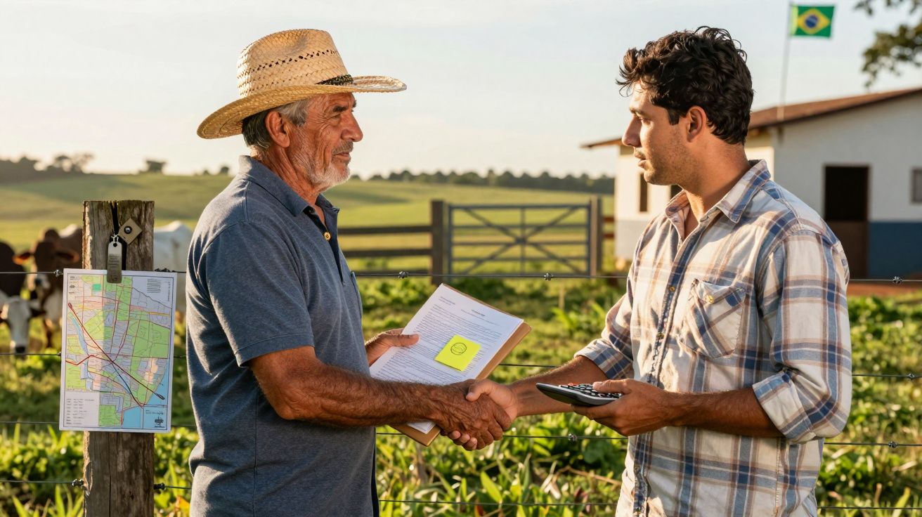 Homem mais velho e jovem apertando mãos em área rural, com gaiola e bandeira do Brasil ao fundo.