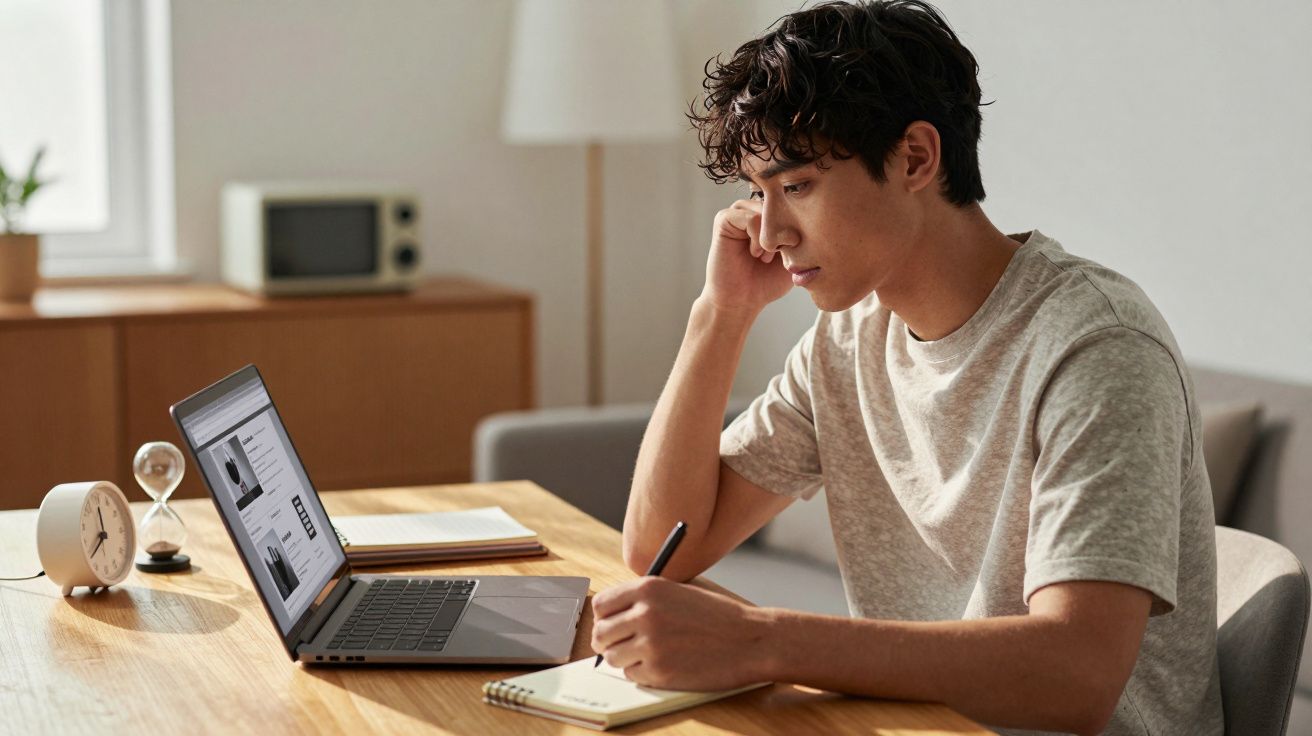 Jovem sentado à mesa estudando com notebook, anotando em caderno, ao lado de relógio e ampulheta.