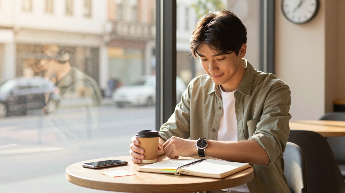 Jovem sentado em cafeteria com café, olhando celular, com caderno aberto sobre a mesa redonda.
