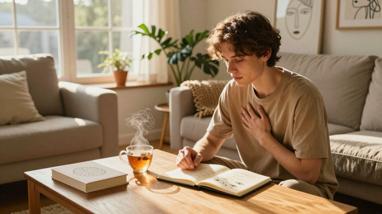 Jovem sentado lendo livro na sala com xícara de chá fumegante em mesa de madeira clara.