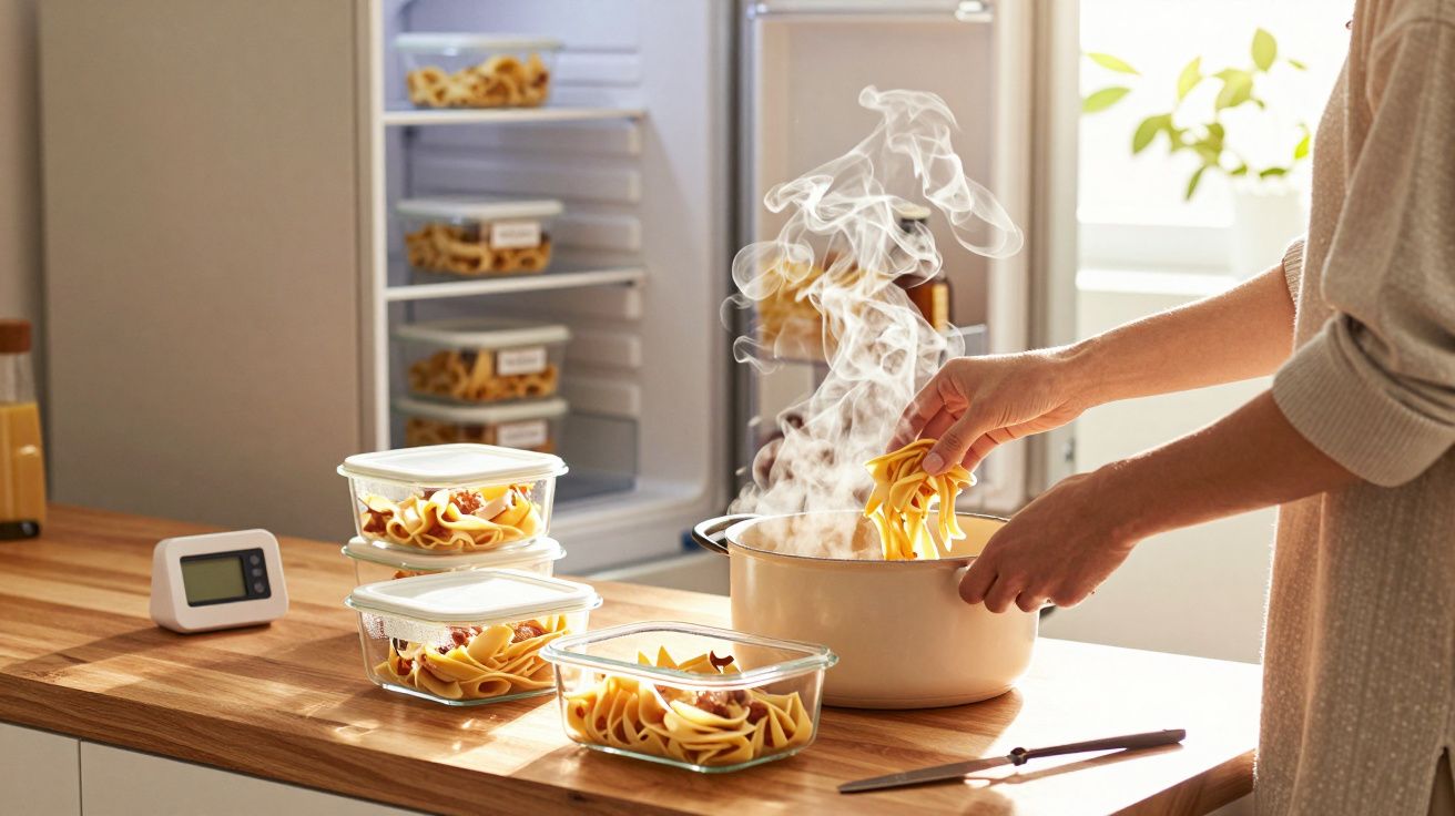 Pessoa cozinhando macarrão fumegante em panela com potes organizadores cheios em bancadas e geladeira aberta ao fundo.