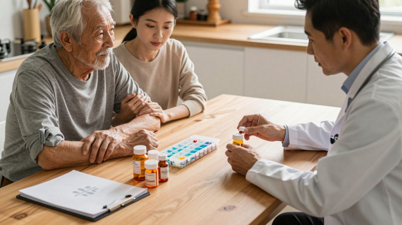 Idoso e mulher conversam com médico sobre medicamentos em mesa com frascos e organizador de pílulas.