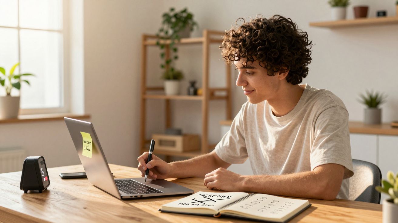 Jovem sentado à mesa usando laptop e caderno para estudo em ambiente iluminado e organizado.