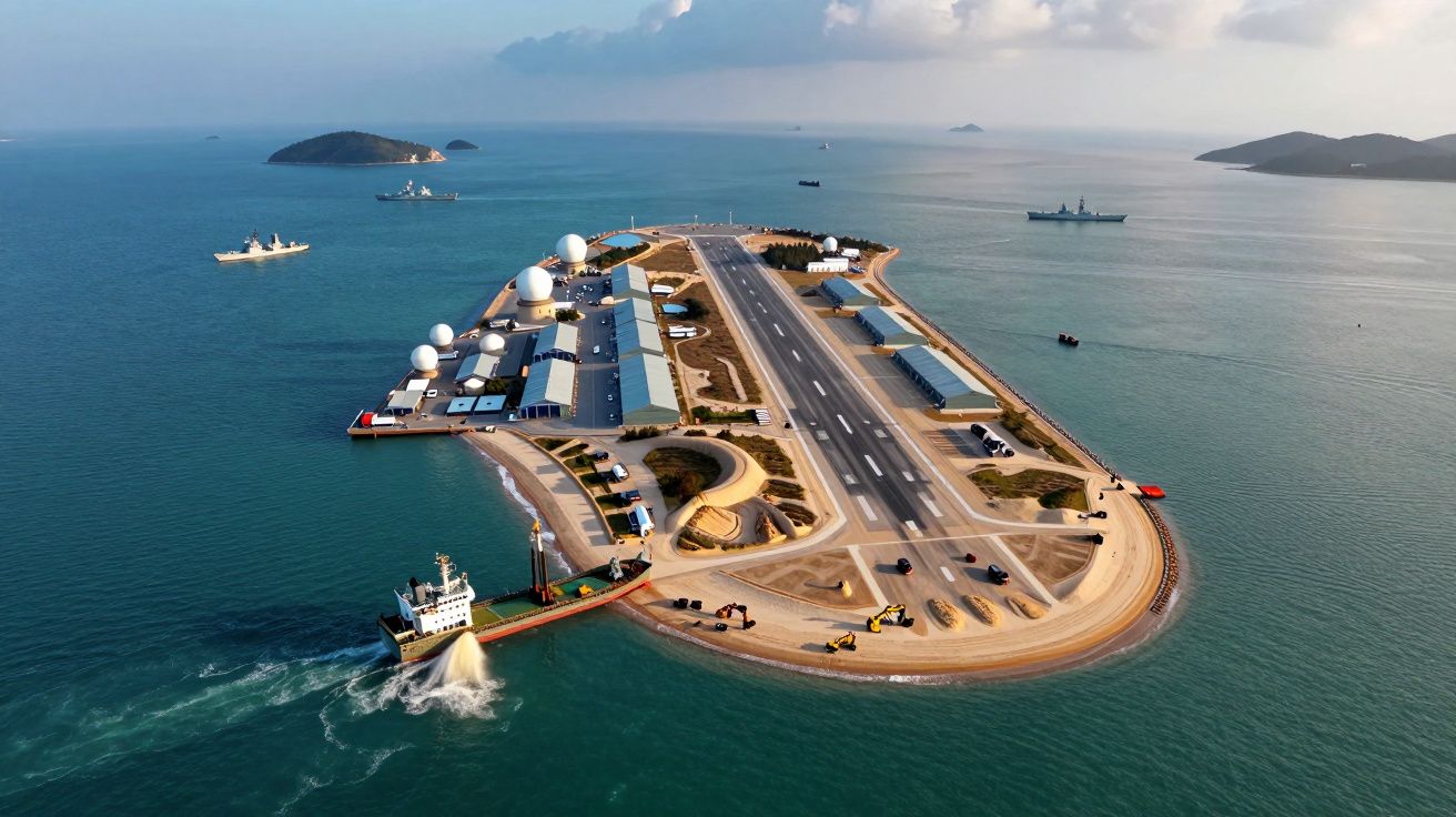 Ilha pequena com pista de pouso, edifícios, navios militares ao redor e mar calmo ao entardecer.