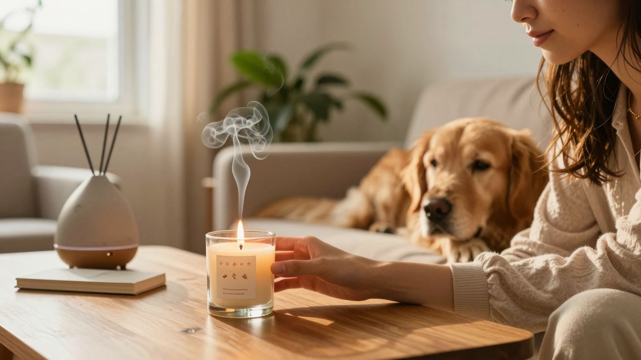 Pessoa acende vela aromática em mesa com cachorro dourado ao fundo em ambiente aconchegante.