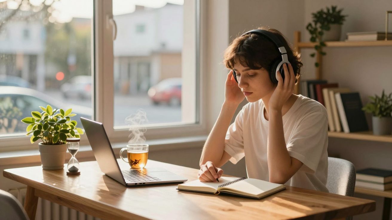 Jovem com fones de ouvido estudando e escrevendo em caderno em mesa com laptop e xícara de chá.