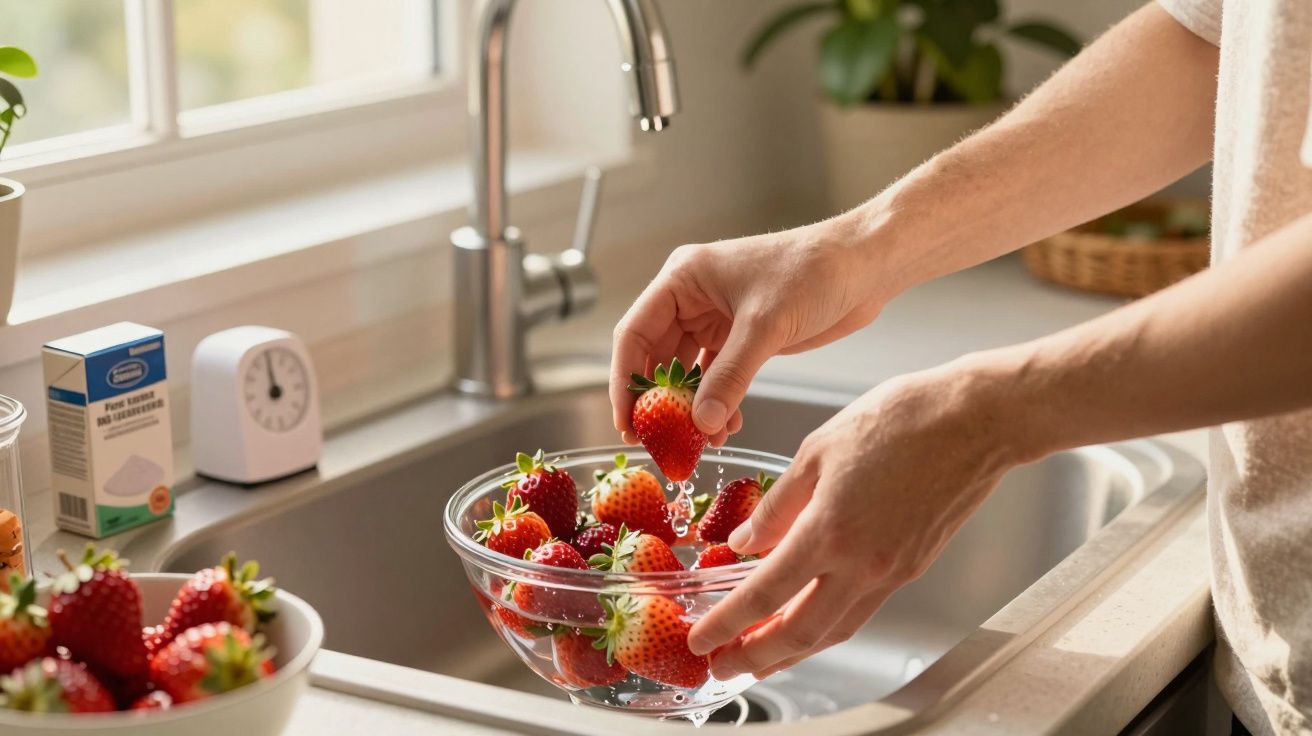 Pessoa lavando morangos em uma tigela transparente na pia da cozinha iluminada pela janela.