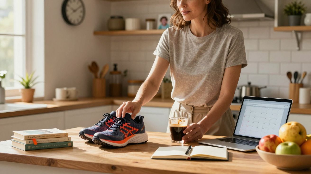 Mulher em cozinha pega tênis esportivo enquanto segura café, com laptop, caderno e frutas na mesa de madeira.