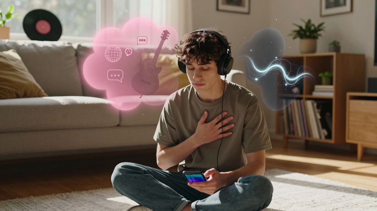 Jovem sentado no chão com fones, segurando celular e absorvendo música com símbolos digitais ao redor.