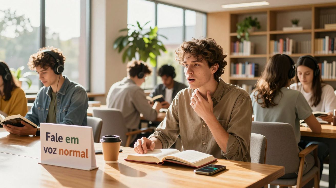 Jovem em biblioteca usando fones, praticando fala em voz normal com livro aberto e telefone sobre a mesa.