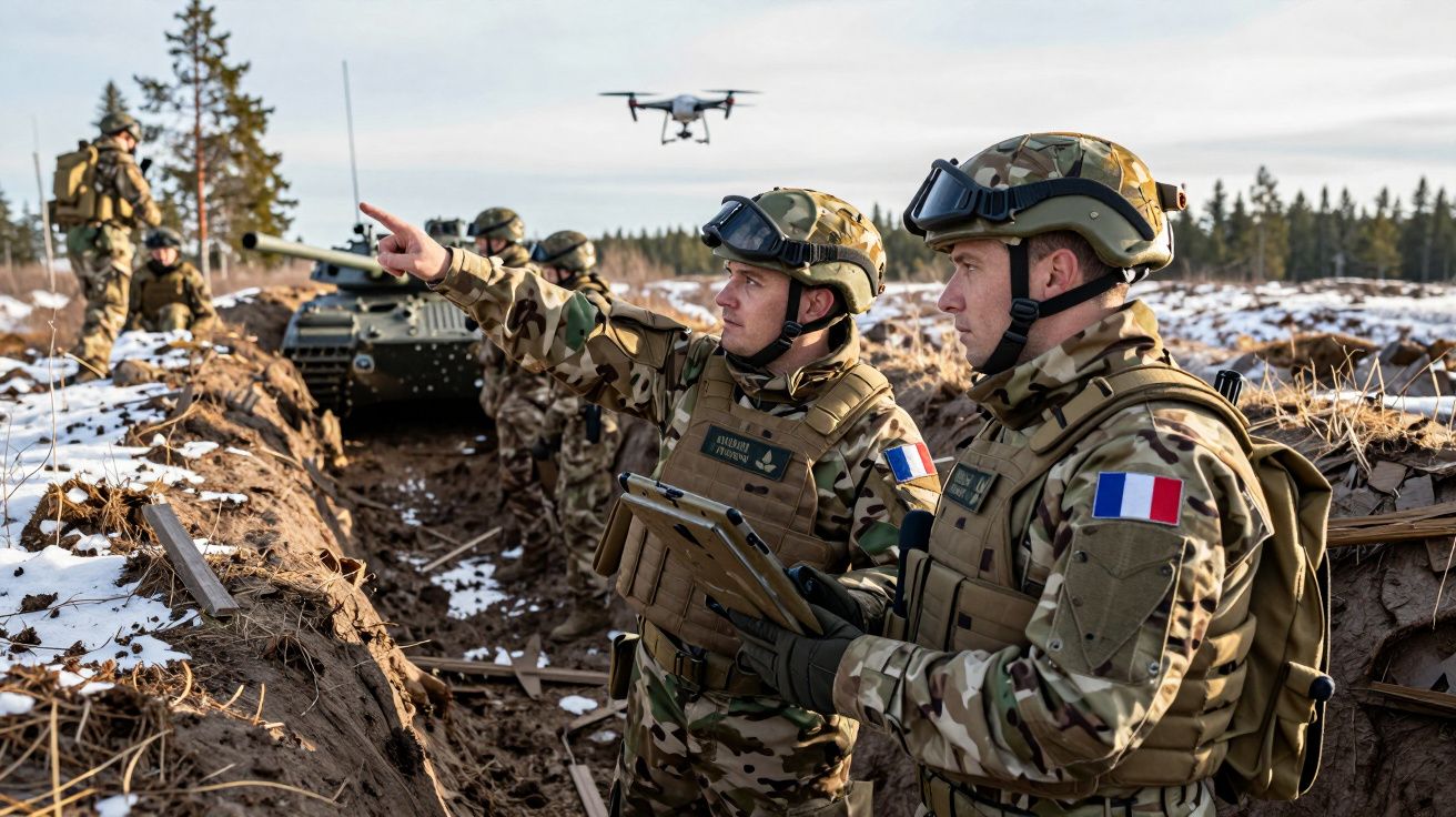 Soldados franceses em trincheira com equipamento militar e drone voando durante operação ao ar livre.